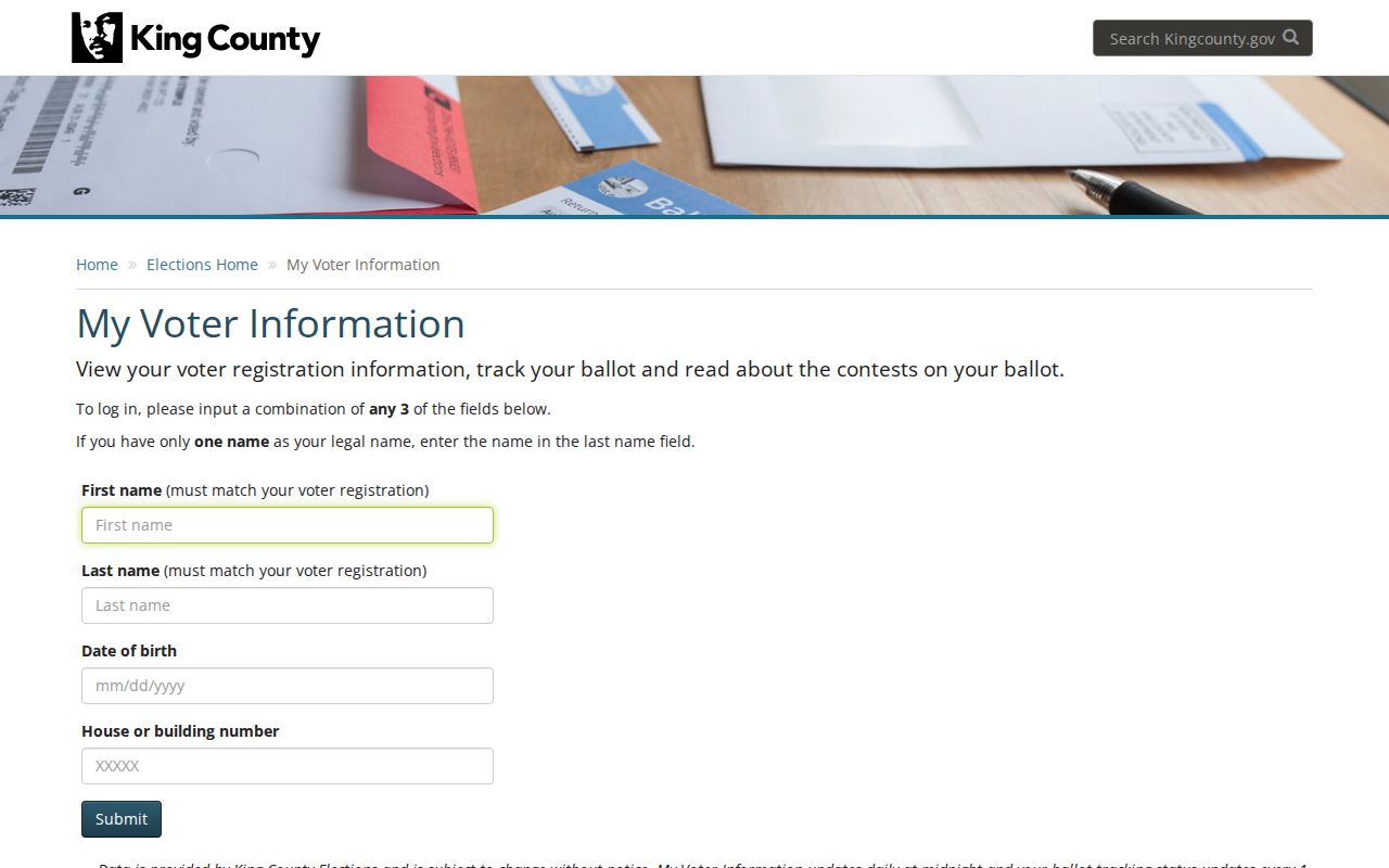 Kirkland voter registration lookup fields in King County My Voter Information